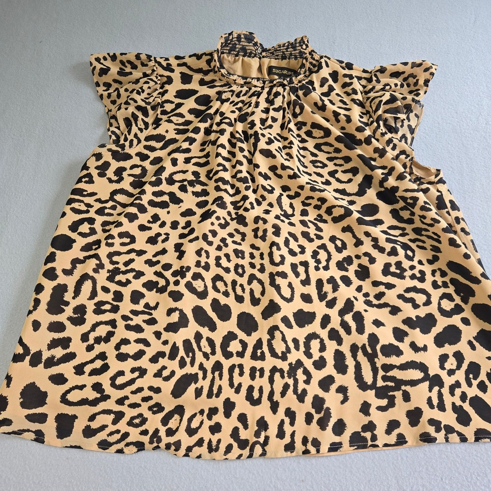 Sugarlips Leopard Print Blouse Womens 1X Tan Black Smocked Mock Neck Flutter Top